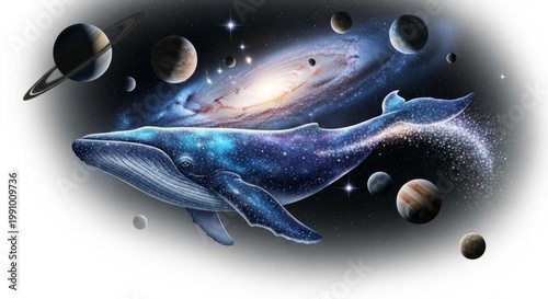 Cosmic Whale Swims Through Galaxy with Planets and Stardust
