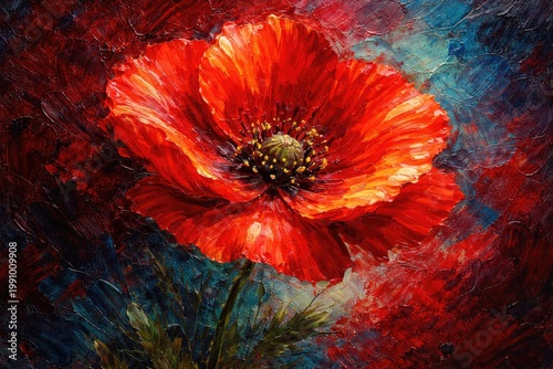 Vibrant poppy flower painted with oil on textured crimson and blue canvas