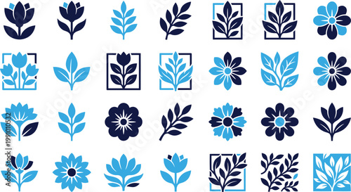 Assortment of twenty floral icons in blue and dark blue tones for nature and beauty themes.