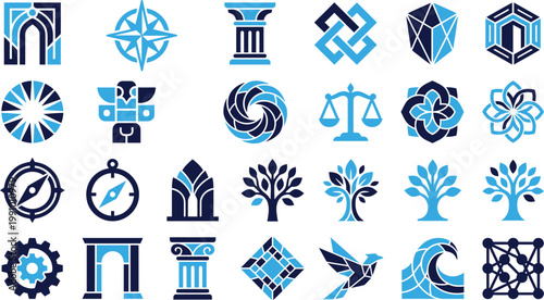 Collection of stylized graphic design logos and icons in blue and dark blue.