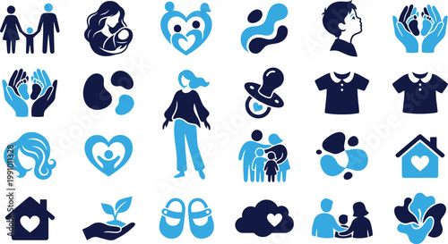 Family and baby related icons in blue and dark blue, representing life and growth.