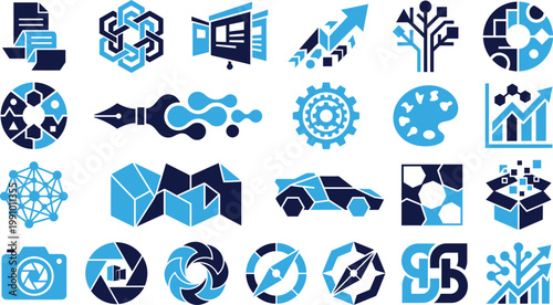 Collection of abstract modern logos and icons in blue and dark blue.