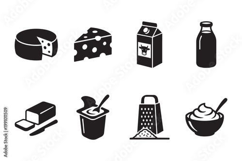 Dairy products vector illustration set cheese milk butter yogurt grater whipped cream icons.
