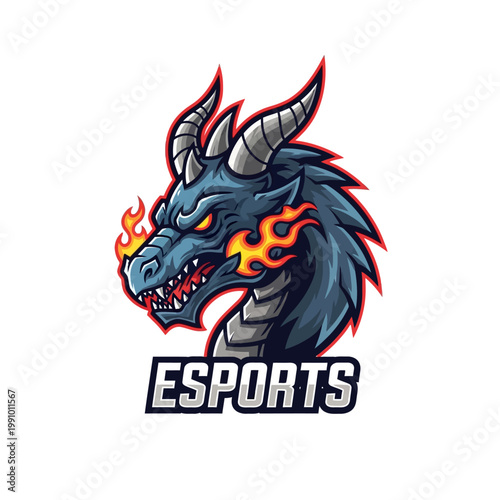Esports logo with dragon head and flames.