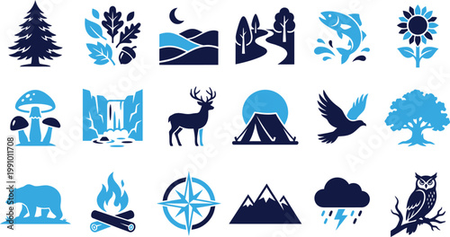 Nature landscape icons and elements in blue and dark blue.