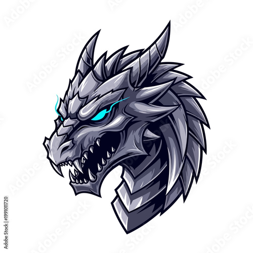 A cartoon dragon head with sharp teeth.