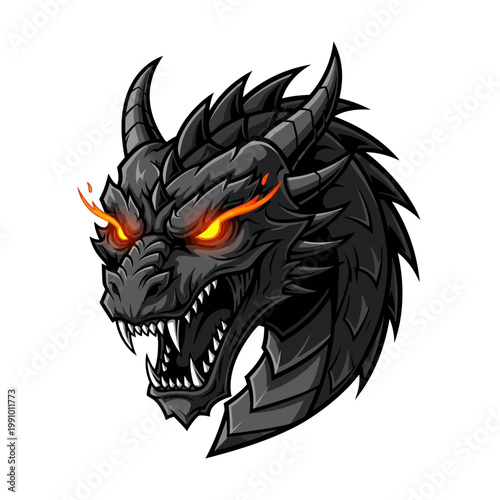 A fierce black dragon head with glowing red eyes.
