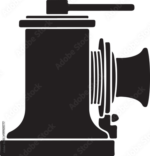 Vintage, antique, retro meat grinder, mincer icon, black silhouette, kitchen tool