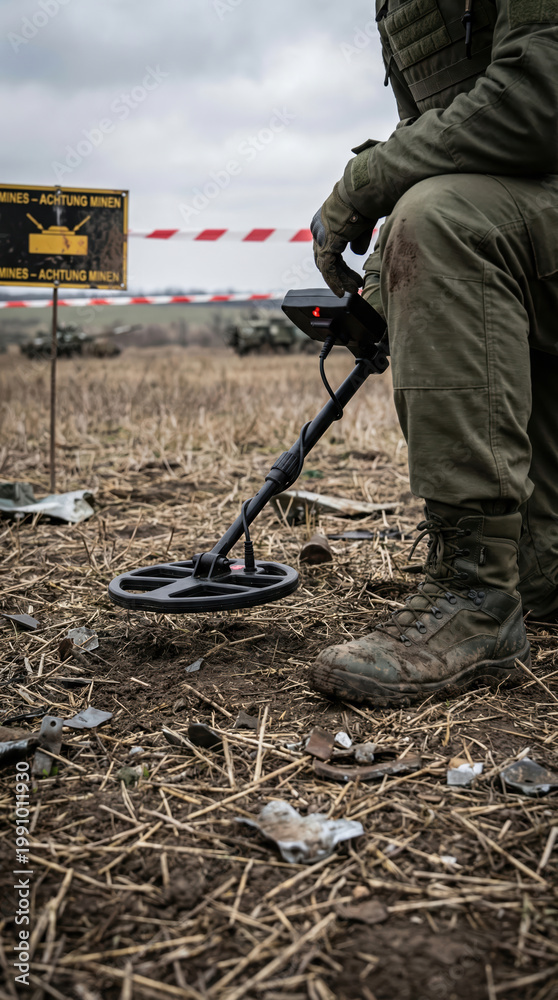 Naklejka premium Soldier uses metal detector to search for landmines in a marked area on a cloudy day in a rural landscape