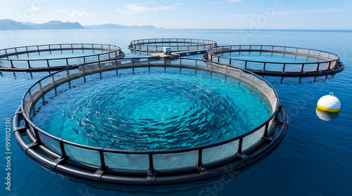 Farming fish takes place in large circular pens set in the ocean. The sun shines bright, and distant mountains can be seen along the horizon. Clear blue water surrounds the pens