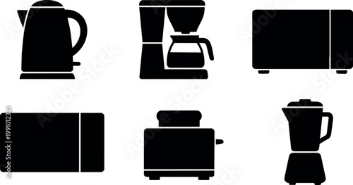 Black silhouette vector art of kitchen appliances kettle coffee maker toaster microwave blender