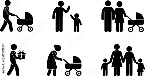 Black silhouette family with children and baby stroller icons set
