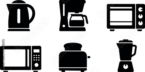 Black kitchen appliances silhouette icons electric kettle coffee maker microwave oven toaster blender