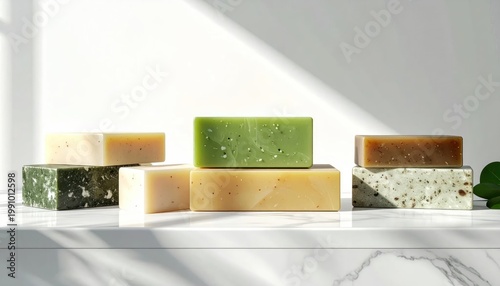 Assortment of Natural Handmade Soaps on a Marble Surface.