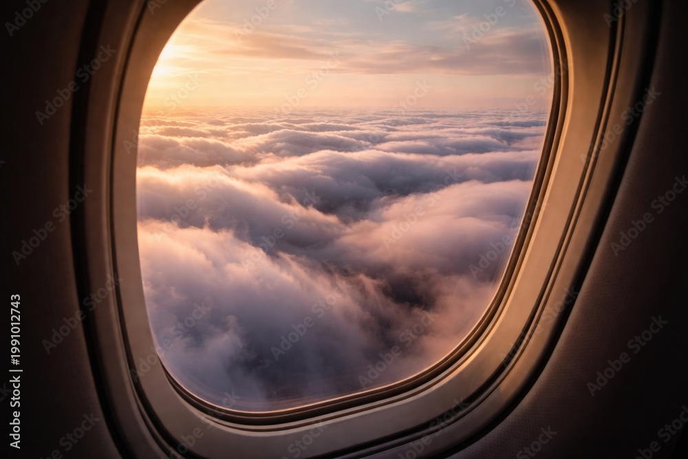 Fototapeta premium Dreamy aerial views of rolling mist clouds outside airplane window