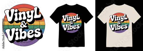 Retro 'Vinyl & Vibes' Rainbow Circle Logo, Groovy 70s Style Graphic Design, Vintage Music Lover T-Shirt Print, Customizable Vector Asset