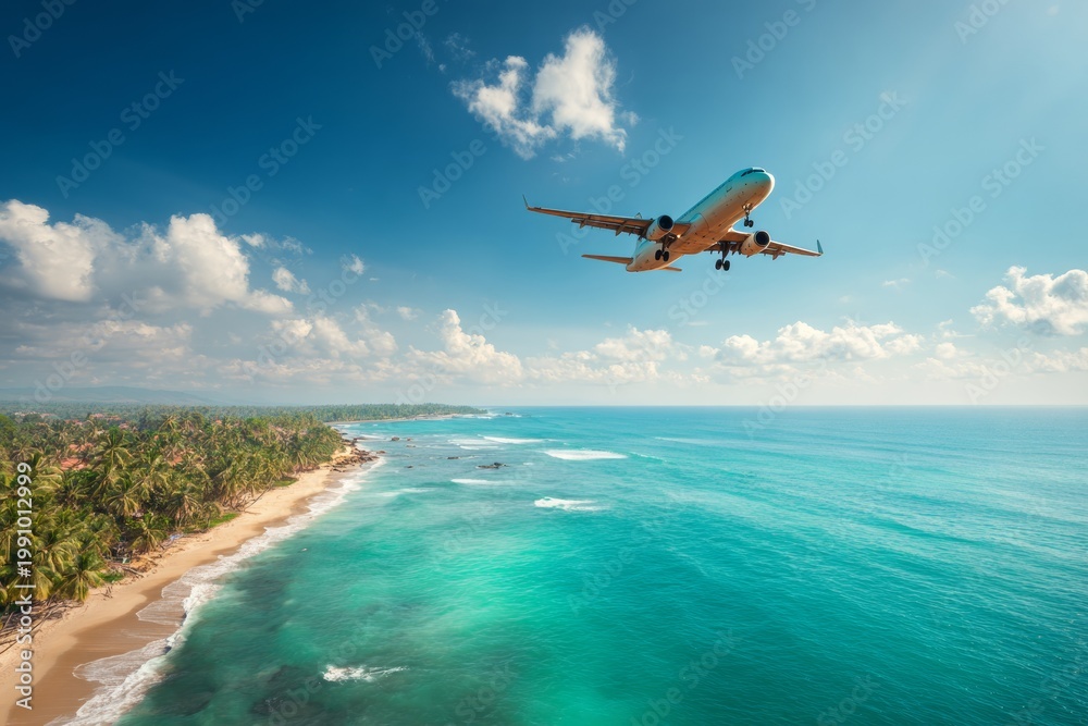 Naklejka premium Airplane Flies Above Tropical Beach Coastline Under Clear Blue Sky During Summer Travel Adventure