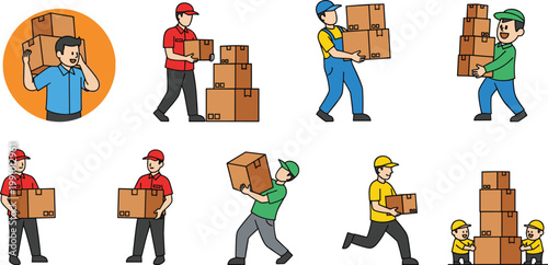 Cartoon illustrated warehouse delivery workers in colorful uniforms lifting carrying stacking boxes teamwork logistics shipping packaging handling character artwork
