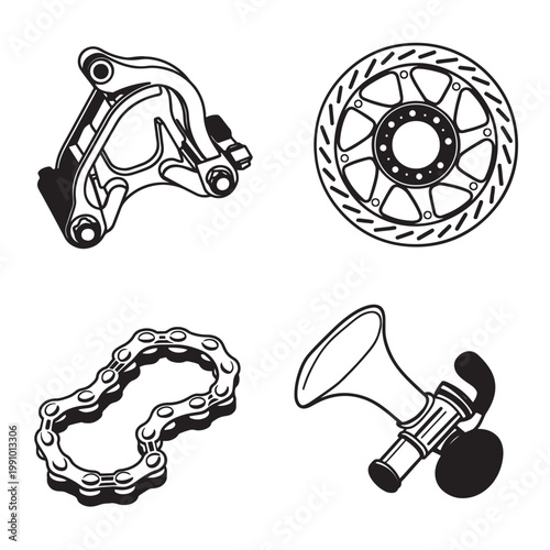 Automotive Suspension Arm, Brake Disc and Chain Components Line Art