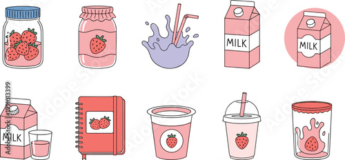 Cute strawberry milk dairy product icon set with yogurt jar smoothie splash paper carton and notebook for cafe menu design