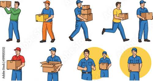 Delivery service courier men in uniform carrying cardboard boxes shipping parcels and providing fast logistics transport for business customers