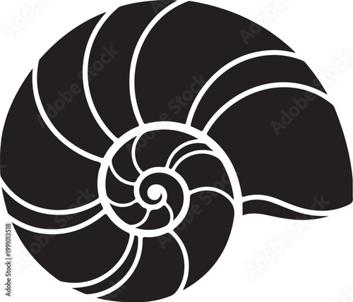 Black nautilus shell, spiral icon, white outline, minimalist design, ocean symbol