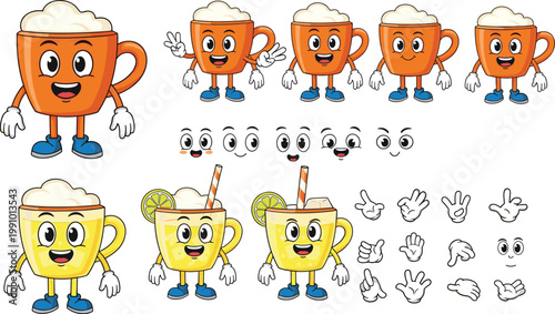 Kawaii coffee mug and lemonade character mascot set with funny facial expressions and hand gestures for creative sticker design