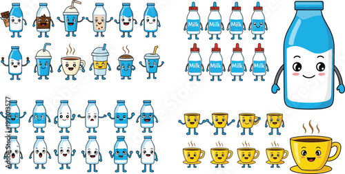 Kawaii dairy and hot beverage mascot set with cute milk bottle coffee cup and chocolate drink icons for stickers