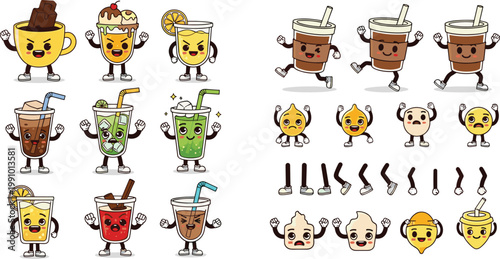 Kawaii drink character mascot set with cute coffee tea juice and soda icons featuring funny expressions for creative sticker design