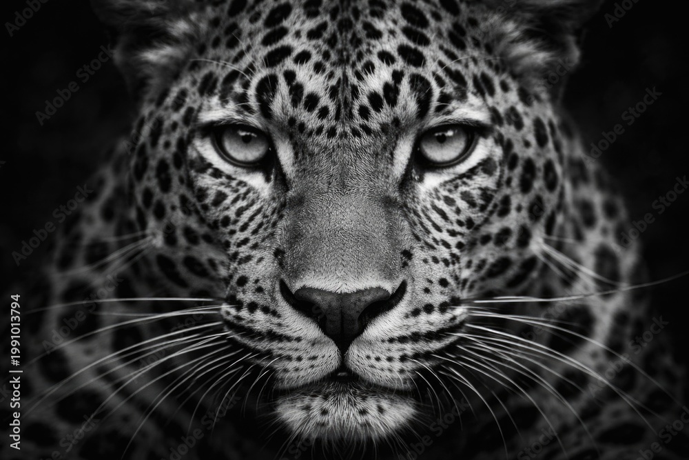 Fototapeta premium detailed black and white close up of a leopard's gaze