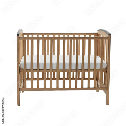 Modern Wooden Baby Crib with White Mattress on Black Background, Essential Furniture for Nursery and Infant Sleep