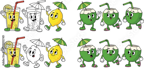Kawaii summer drink mascot set with cute lemon juice glass and coconut water characters featuring funny expressions for children stickers