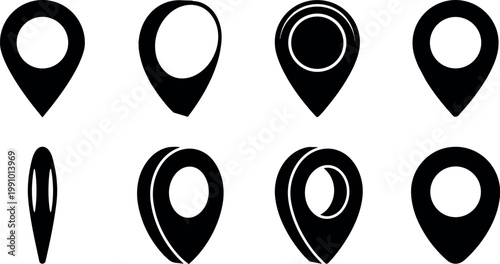 Black location pin icons set in various flat design styles