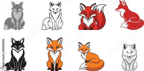 Red fox and arctic fox silhouettes and colorful vector icons set isolated on white background for wildlife logo design concepts