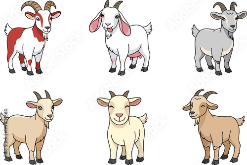 Set of cute cartoon goats and farm animals with different breeds and colors for kids education and rural nature designs