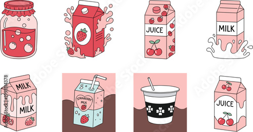 Set of cute strawberry milk and cherry juice carton box icons with glass jar splash and yogurt cup for stickers