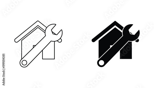 Home repair and house maintenance concept icon featuring a wrench and building silhouette in outline and solid black vector styles for construction or real estate service branding on white background