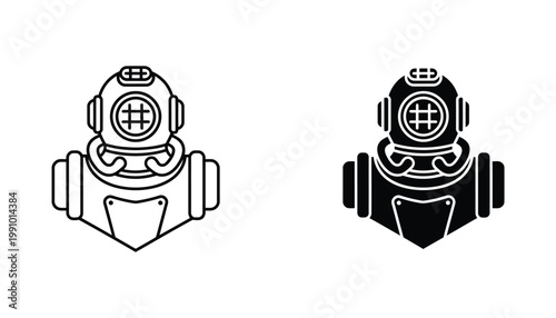 Vintage deep sea diving helmet icon set featuring detailed equipment in outline and solid black vector styles for maritime or adventure branding projects isolated on a clean white background