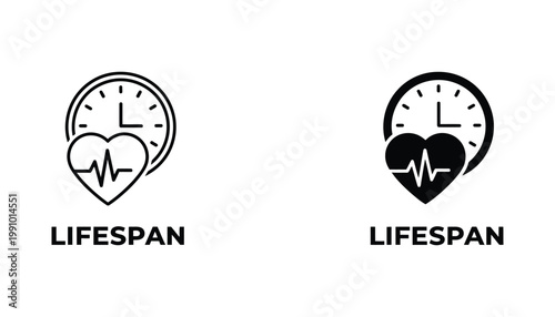 Heart shape with vital pulse line and clock face overlay representing human lifespan and medical longevity concept vector icon