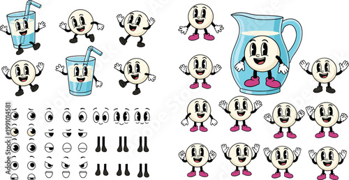 Vintage retro milk mascot character set with cute glass pitcher and funny circle bubble faces featuring classic rubber hose style