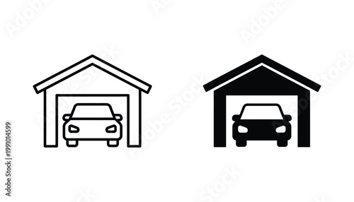 Car inside garage simple icon design in black and white styles for automotive maintenance and parking facility signage