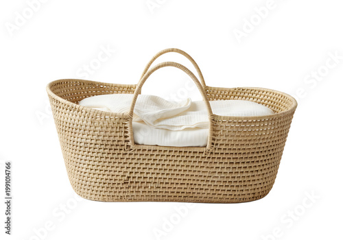 Natural woven basket bassinet with soft white linen fabric, empty and ready for a newborn, clean studio shot