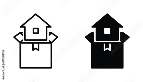 Real estate moving house icon set featuring residential building inside delivery box for relocation and property services