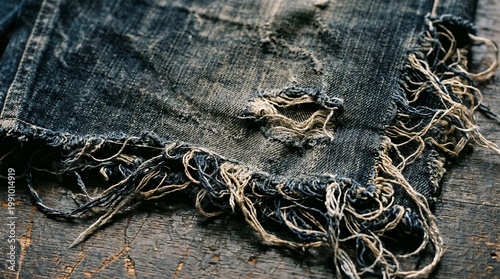 Torn and frayed blue jeans on wooden surface closeup