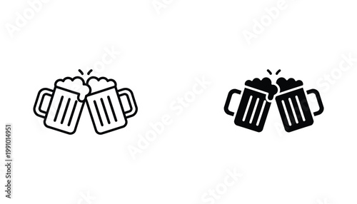 Two beer mugs clinking together in a celebratory toast vector icon set showing outline and solid black graphic styles for bar menu design and pub branding elements isolated on white background
