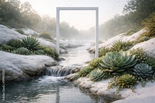 Natural landscape with a white rectangle frame and succulents beside a tranquil watercourse on white