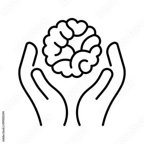 Brain health icon. Healthcare and neurology line symbol. Black and white.