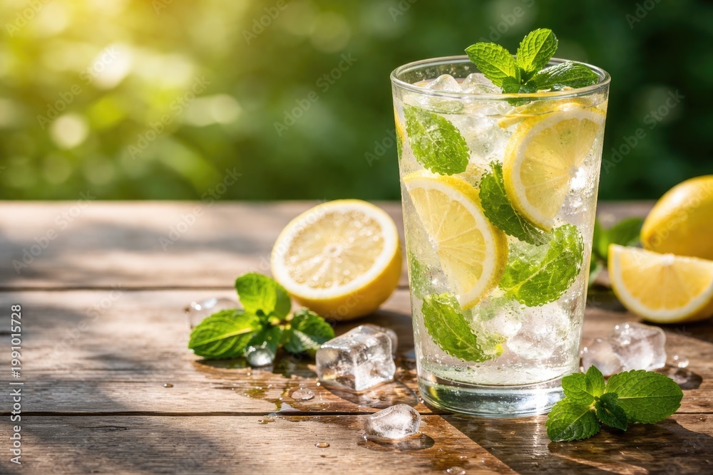 Fototapeta premium Healthy lemon mint beverage served cold with ice cubes and copy space for text