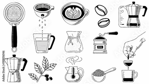 14 Detailed Black Ink Coffee & Barista Equipment Vector Icons Set, Hand-Drawn Monochrome Cafe Brewing Tools Illustration Collection