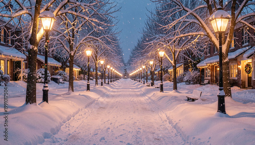 Snow blankets quiet village streets. Streetlights glow warmly against frosty trees. Pathway leads straight into serene winter dusk. Buildings line both sides, softly lit from within